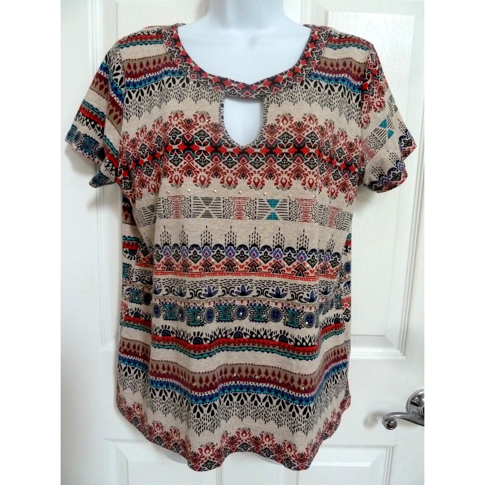 Rafaella Weekend Womens Large Aztec Beaded Keyhole Tee Top Colorful Striped